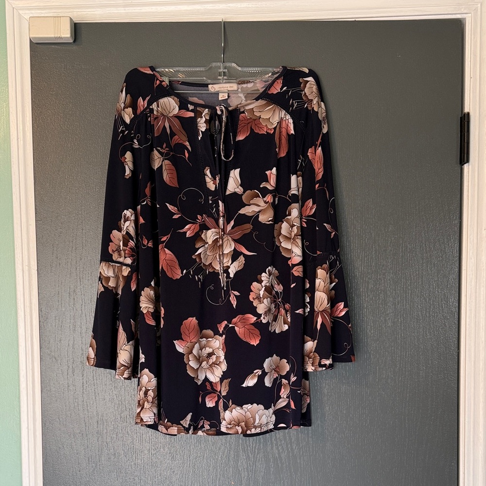 Floral Peasant Blouse - Navy with Cream & Rose Floral Print